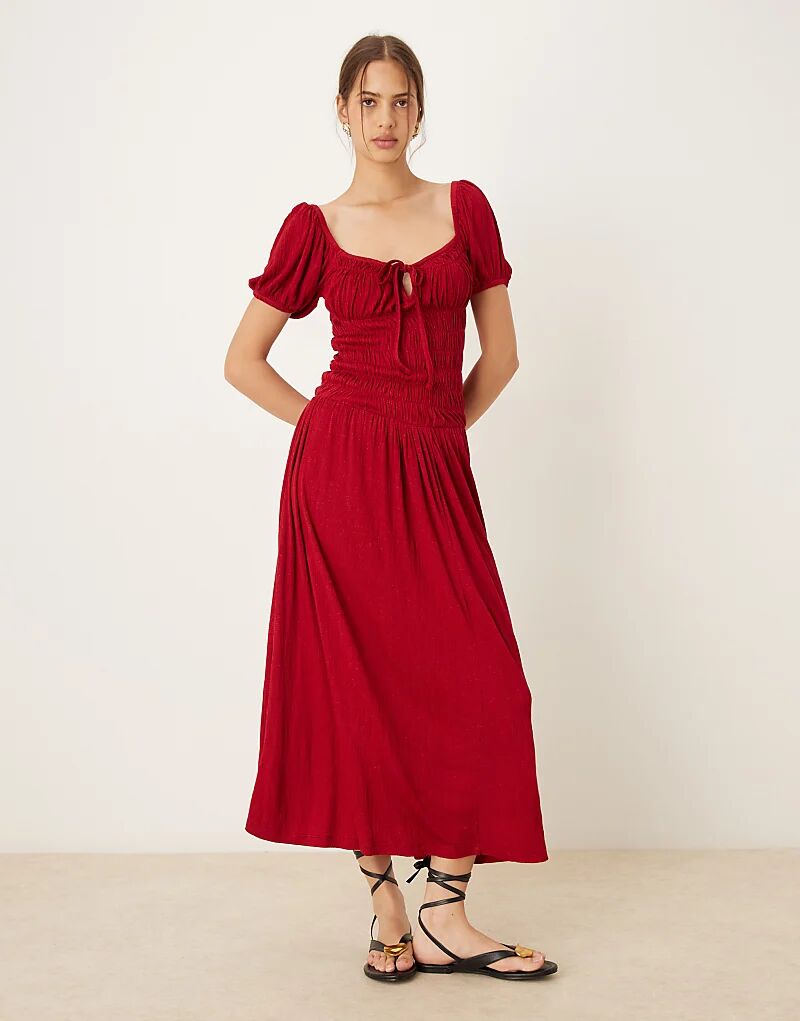 

Платье миди ASOS DESIGN с жатым лифом, присборенным лифом и рукавами-буфами, бордового цвета