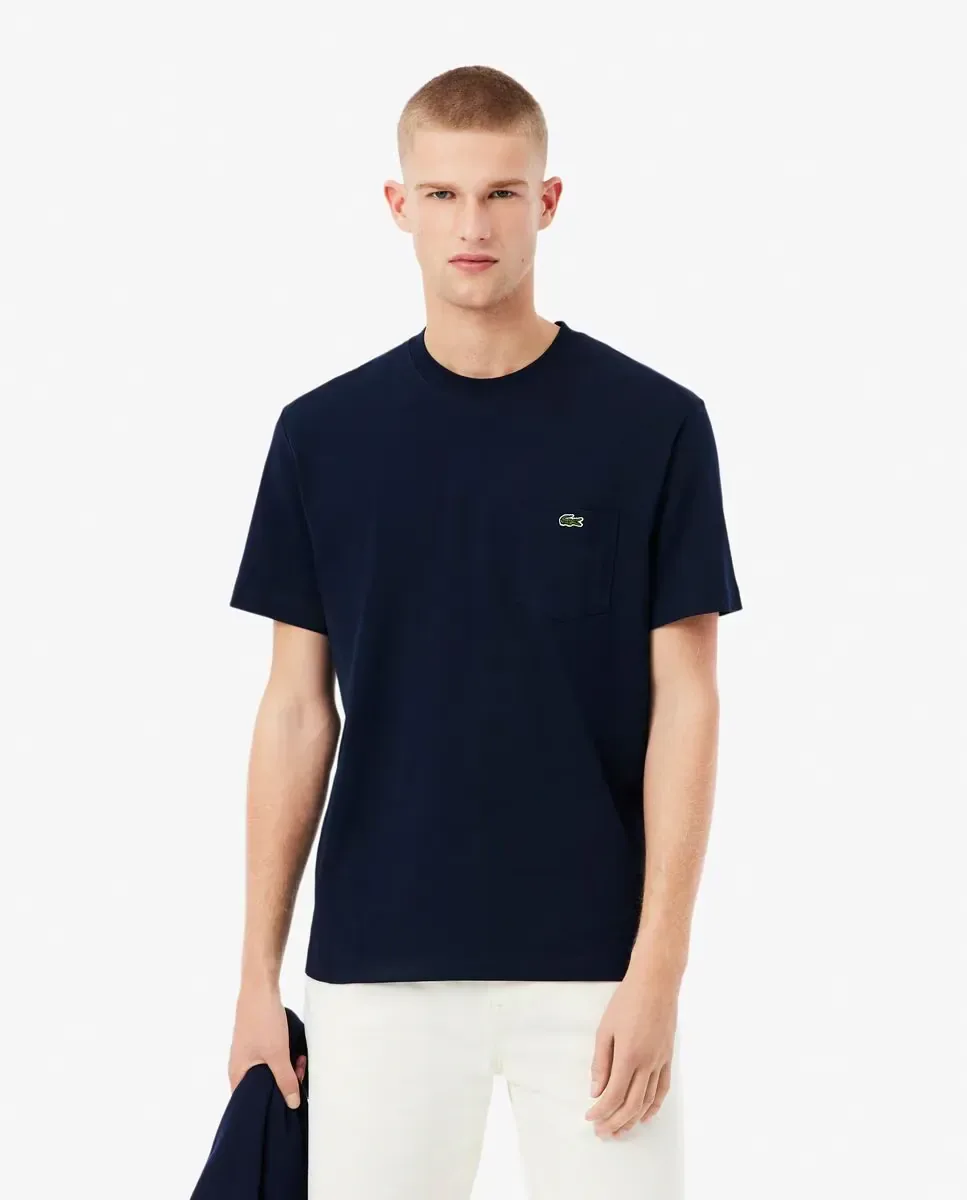 Мужская хлопковая футболка с коротким рукавом и карманом на груди Lacoste, темно-синий