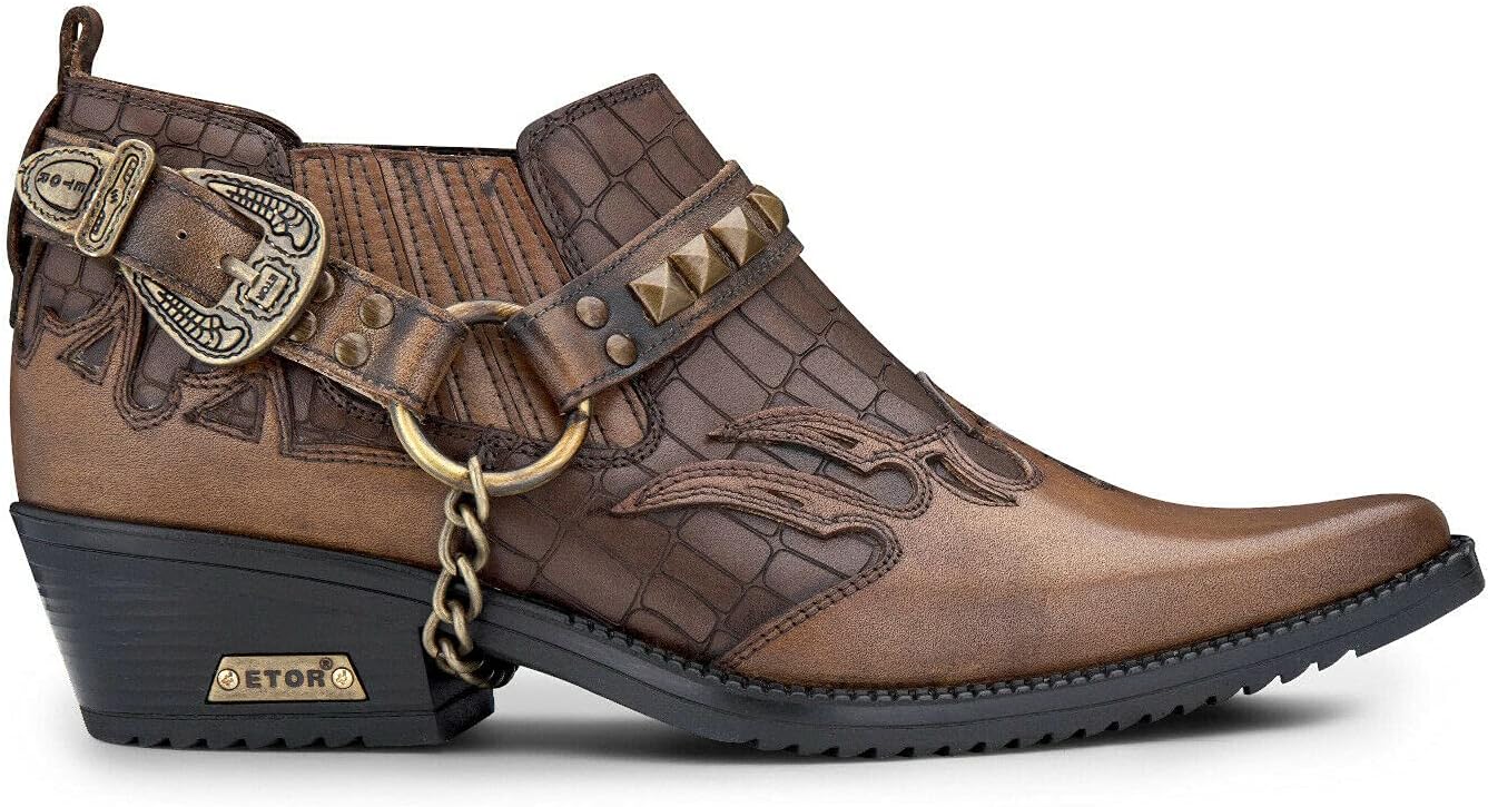 

Мужские кожаные ковбойские танцевальные туфли с металлической пряжкой, крокодиловый узор, кубинский каблук, байкерские шипы, панк, винглпикеры, стиль вестерн Infinity Leather, Tan