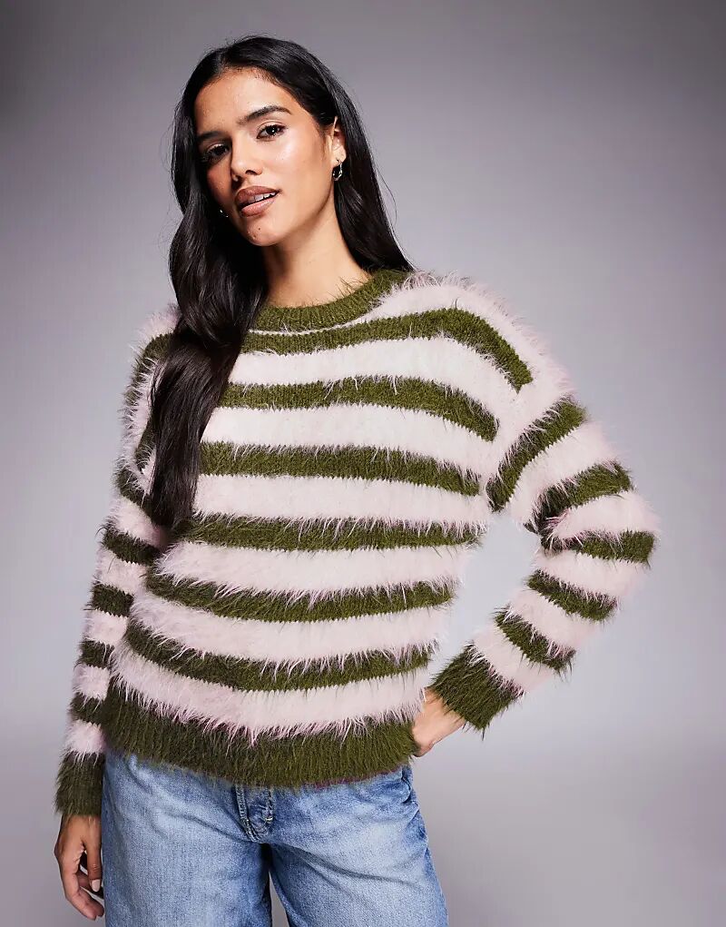 

Мягкий пушистый вязаный джемпер Kiwi & Co Kiss в оливково-розовую полоску