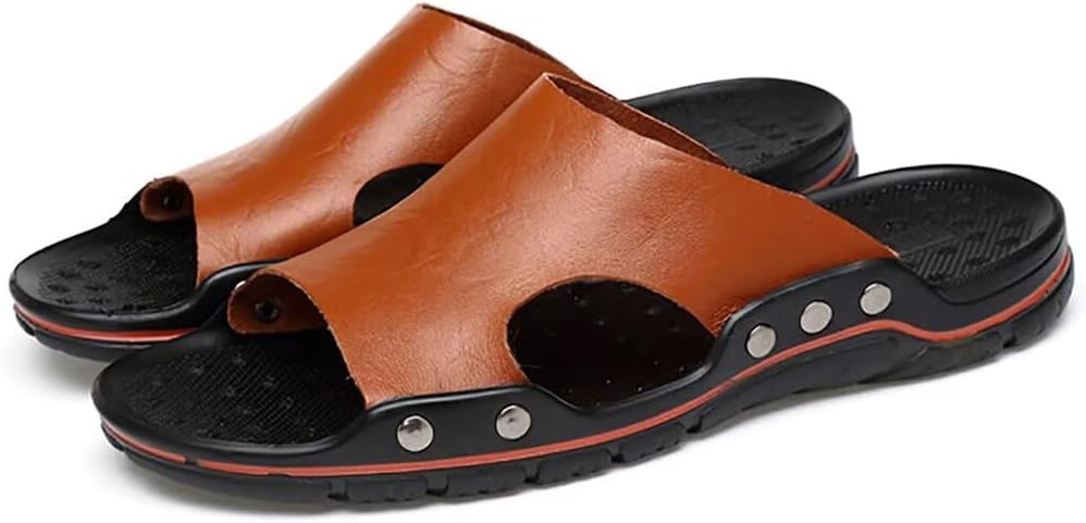 

Мужские слайд-сандалии с открытым носком, противоскользящие, удобные, кожаные домашние тапочки для мужчин, летние, легкие Nanxin&Love, коричневый