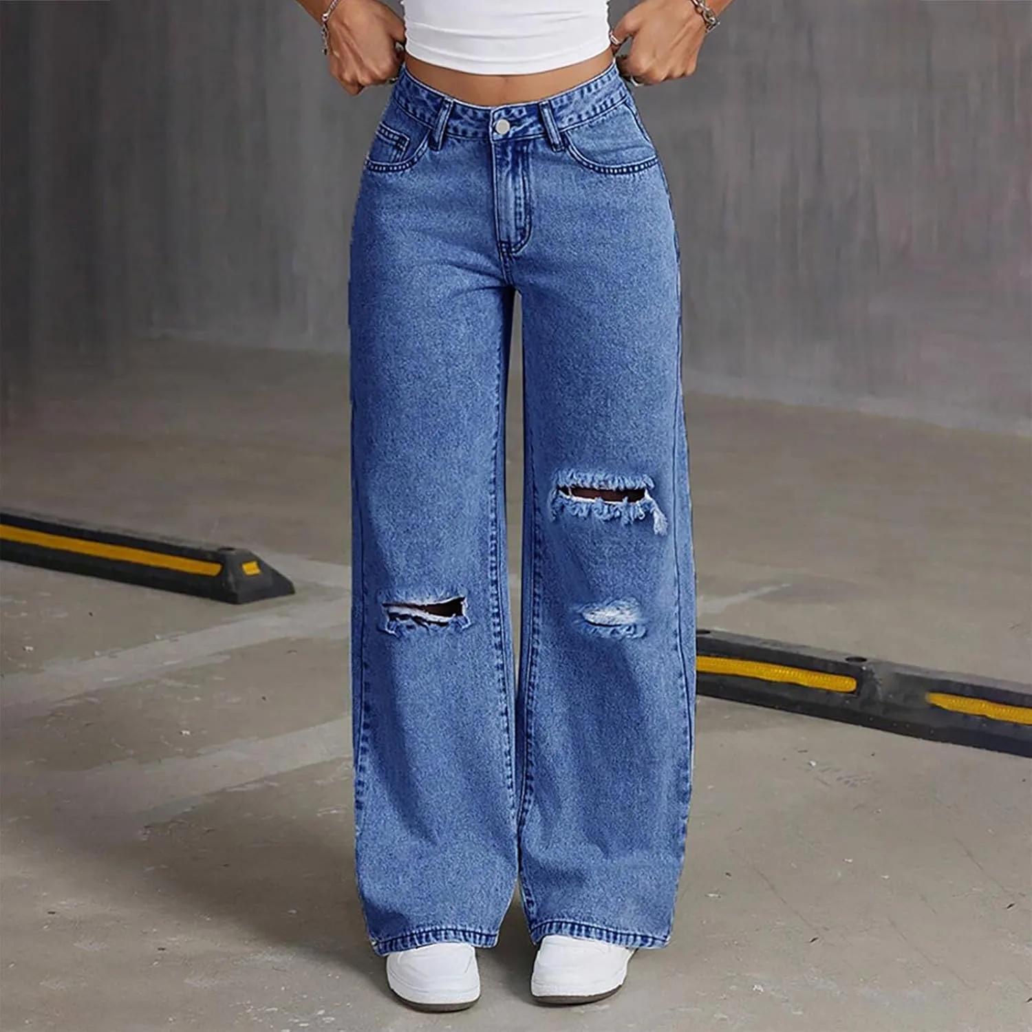 Женские джинсы wide leg с потертостями, высокие, свободные, bootcut — фото 2