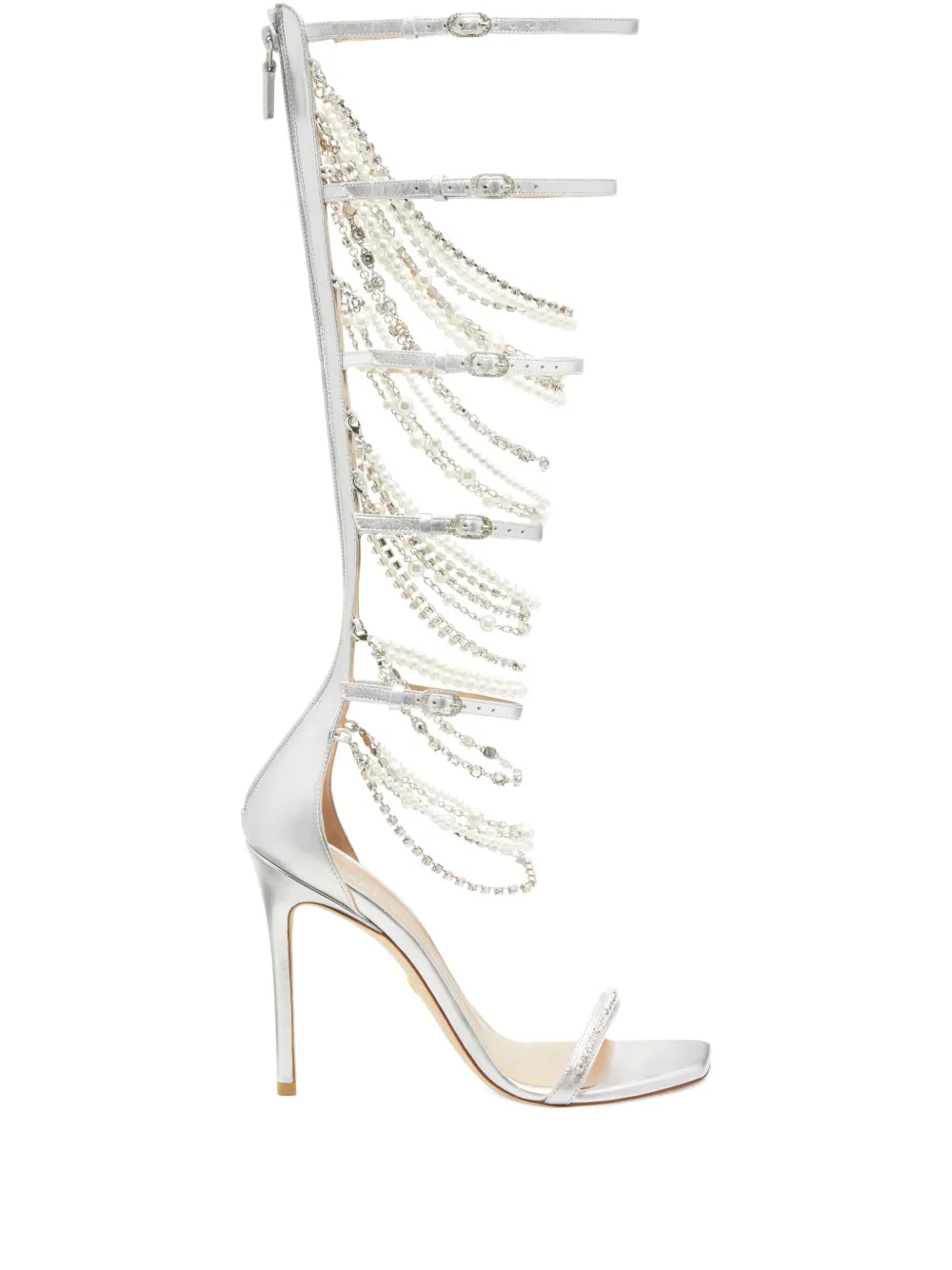 Гладиаторские сандалии Nudist Pearldrop на каблуке 110 мм Stuart Weitzman, серебристый