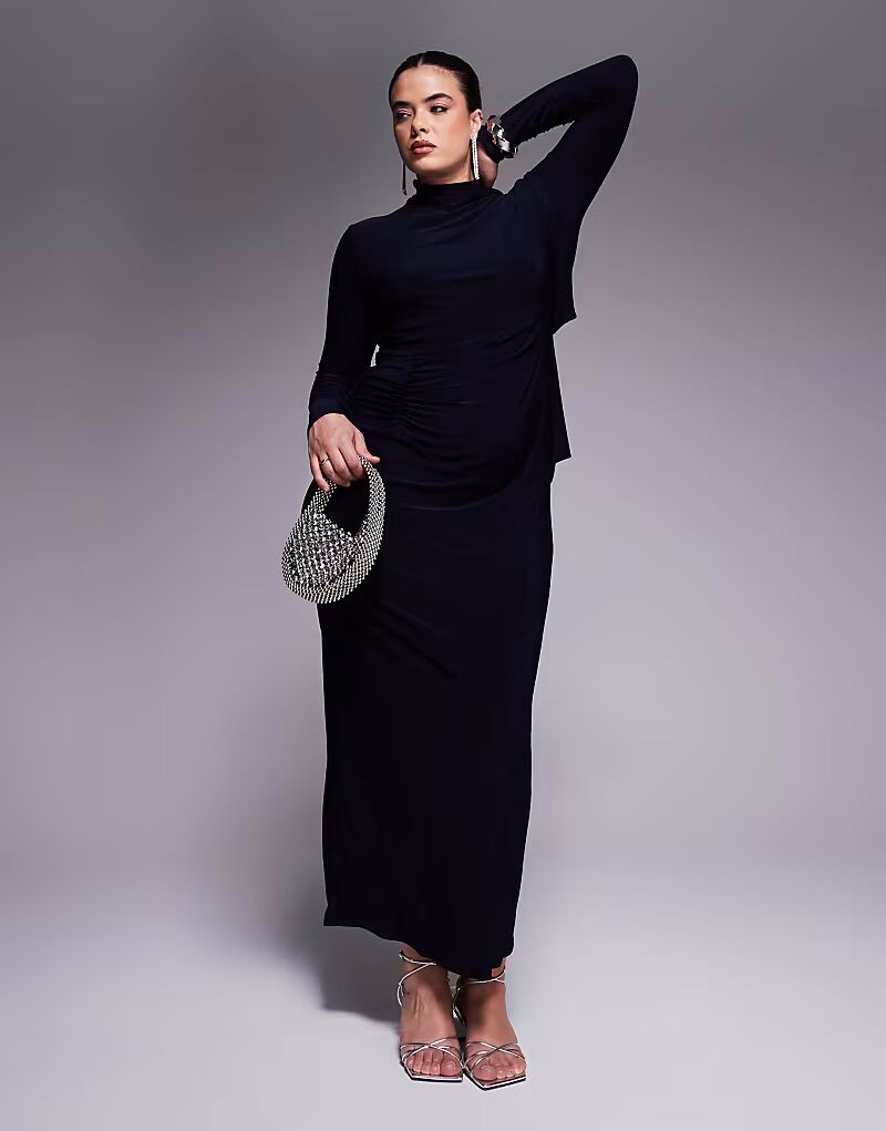 

Платье мидакси ASOS DESIGN Curve с длинными рукавами, сборками и открытой спиной, темно-синего цвета