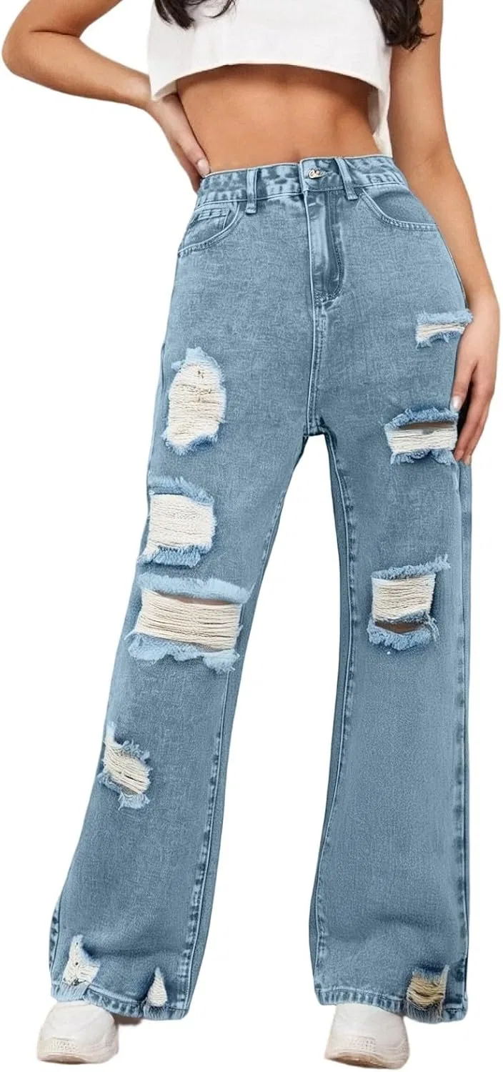Джинсы, потертые, Wide Leg, 02light Blue