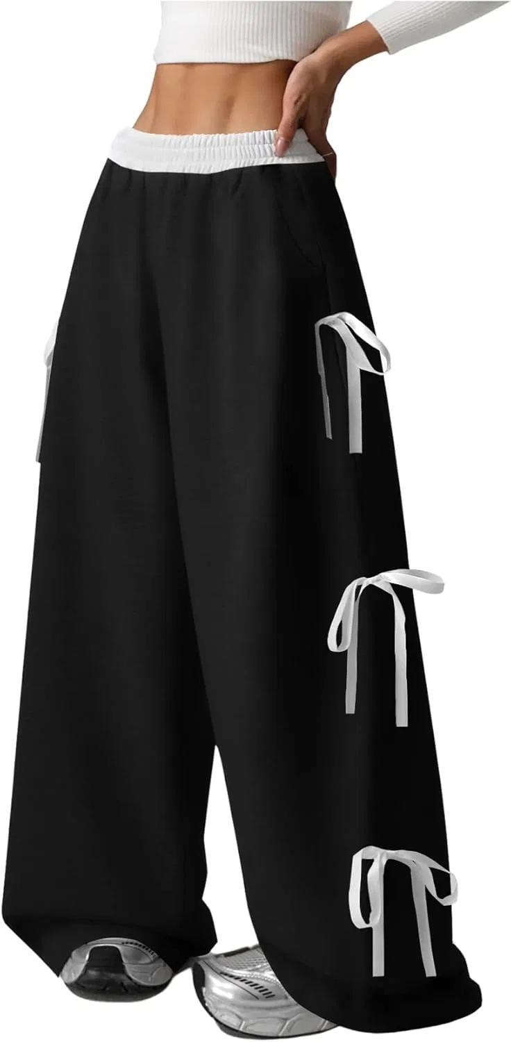 Детские спортивные штаны Verdusa Coquette Bow Wide Leg Baggy Pants Lightweight Cute Spring Summer Sweatants с карманами для девочек, Grey Black
