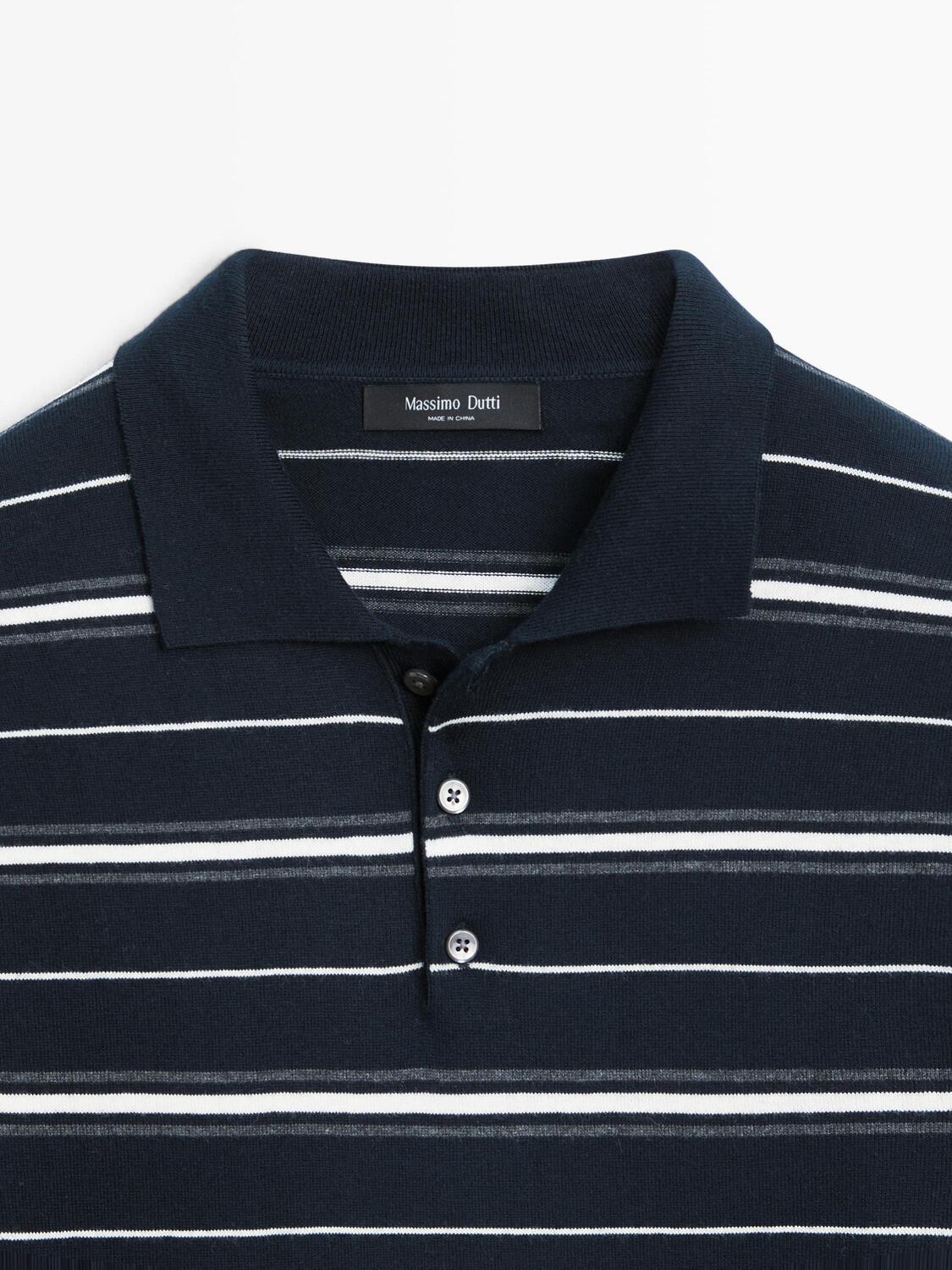 Вязаный свитер-поло в полоску из хлопковой смеси Massimo Dutti, navy blue — фото 4