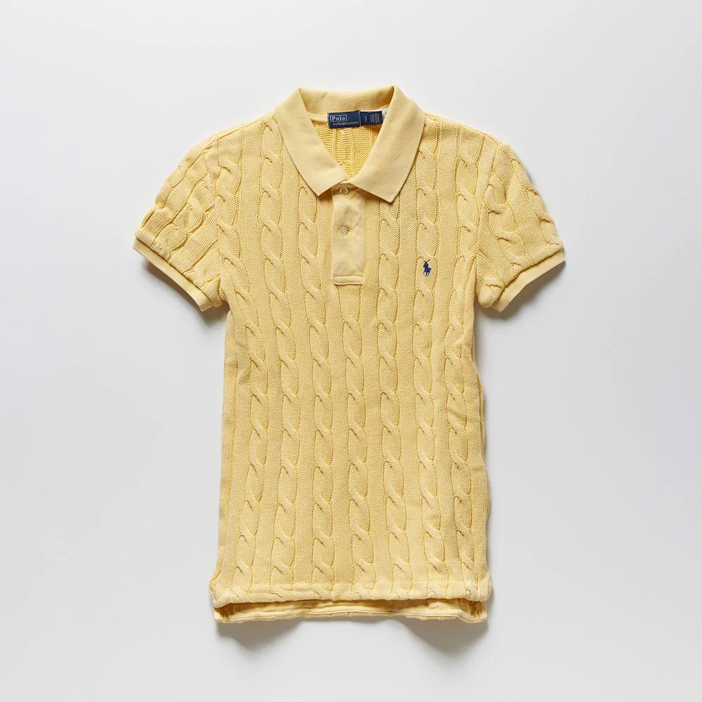 Женская облегающая рубашка-поло крупной вязки из хлопка жёлтая от Polo Ralph Lauren