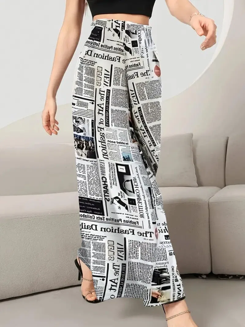 Женские широкие брюки с газетным принтом, свободные, эластичные, с оригинальным графическим рисунком, повседневные брюки