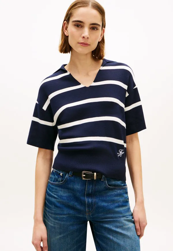 Премиальный вязаный поло свободного кроя, рубашка поло Tommy Hilfiger, Dark Night/Ivory Petal