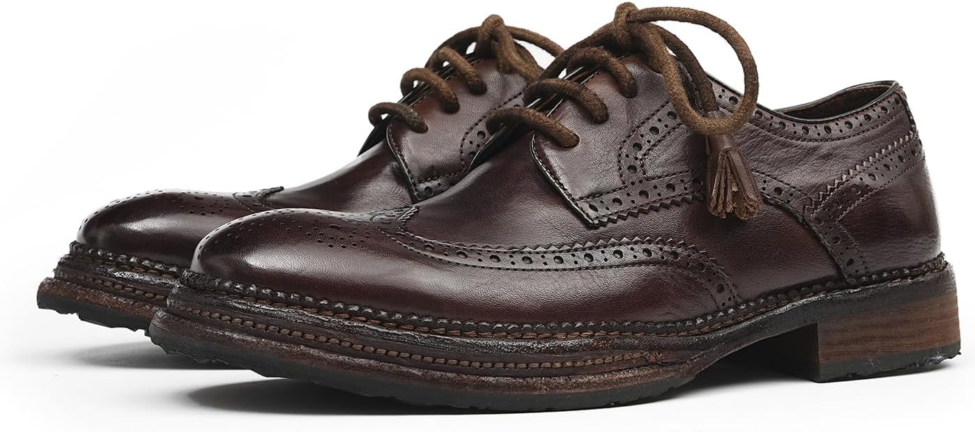 

Мужские броги-окфорды Santimon Wingtip из конской кожи - формальные туфли ручной работы с конструкцией Goodyear-Welt, дышащая кожаная подкладка для делового стиля и свадеб, Coffee