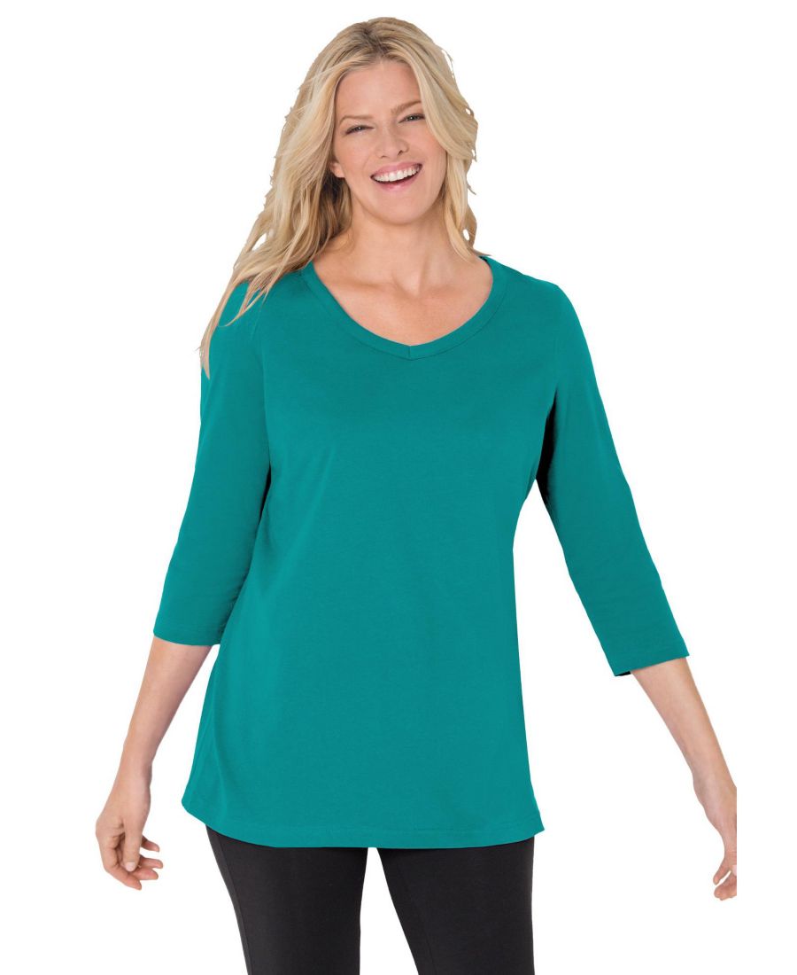 

Футболка больших размеров с рукавами три четверти и V-образным вырезом Woman Within, Waterfall, Синий, Футболка больших размеров с рукавами три четверти и V-образным вырезом Woman Within, Waterfall