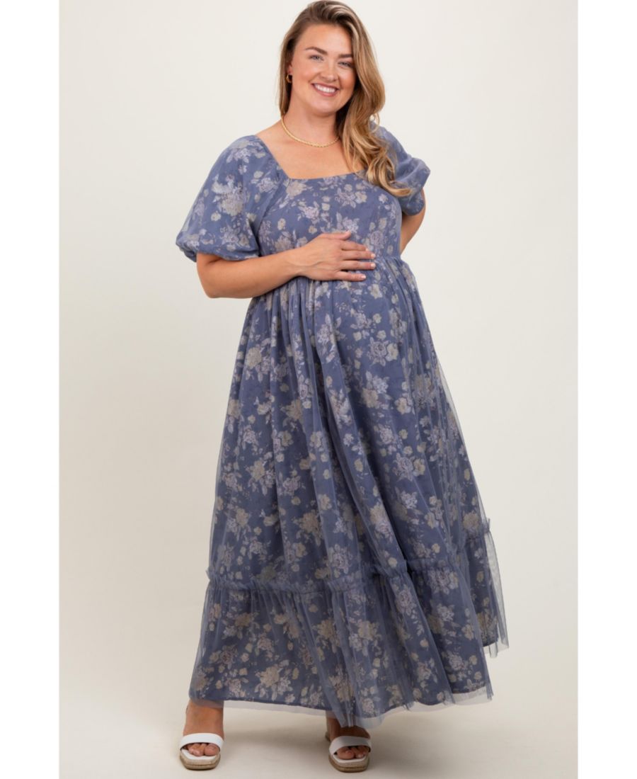 

Платье миди большого размера с цветочным принтом, сетчатым верхом, квадратным вырезом и короткими пышными рукавами Pinkblush, Navy blue