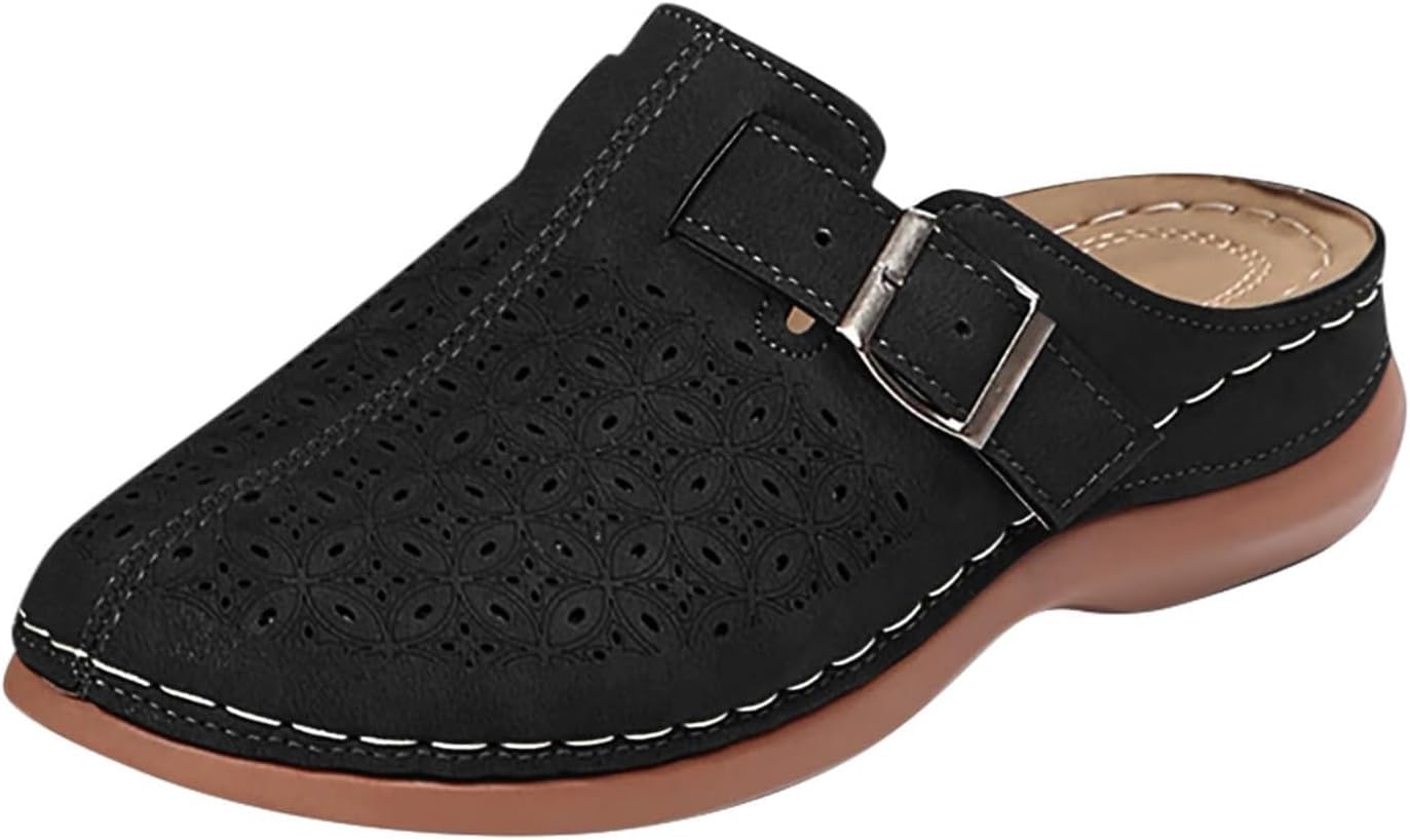 

Женские сабо мюли на лето, дышащие, с вырезами, с закрытым носком, повседневные легкие шлепанцы без задника, удобные простые летние туфли на плоской подошве для отпуска Kajxz, черный