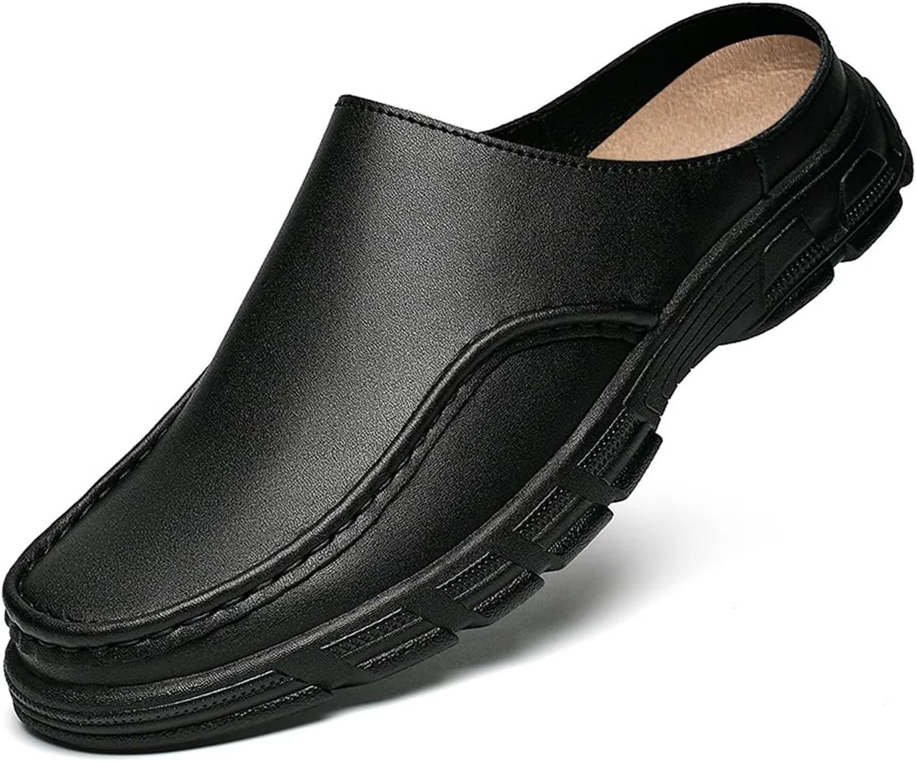 

Мужские сандалии-мюли из натуральной кожи с мягкой подошвой, роскошные, с широким круглым носком, без застежки, для официальной носки, повседневные лоферы, удобные дышащие шлепанцы для прогулок NourIron, черный