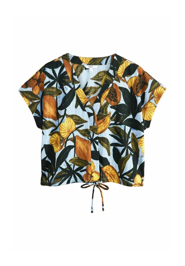 Блуза Next, Regular fit textured v neck tie front short sleeve top, сине-желтый цветочный принт — фото 3