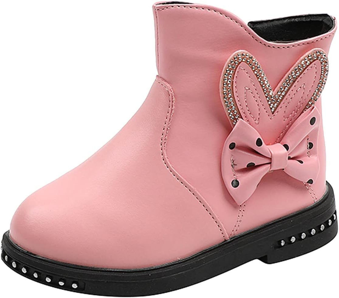 

Generic Зимние ботинки для девочек на щиколотку, низкий каблук, плоская подошва, противоскользящие, со стразами и бантиком, боковая молния, плюшевые, теплые, принцесса (розовые, 5-5,5 лет, маленький ребенок)