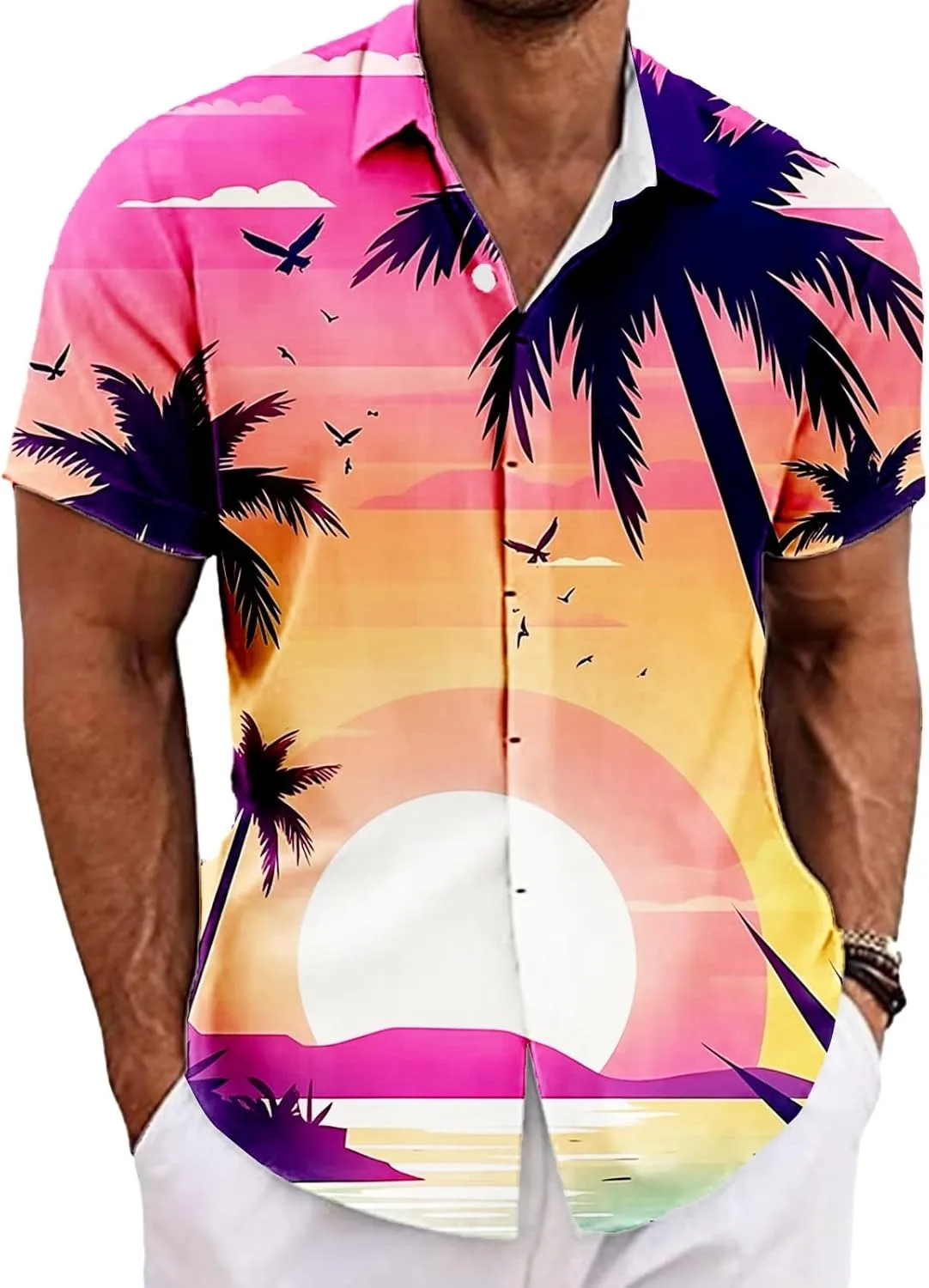 Стильная мужская повседневная рубашка на пуговицах с тропическим принтом для летних прогулок и повседневной носки Generic, оранжевый