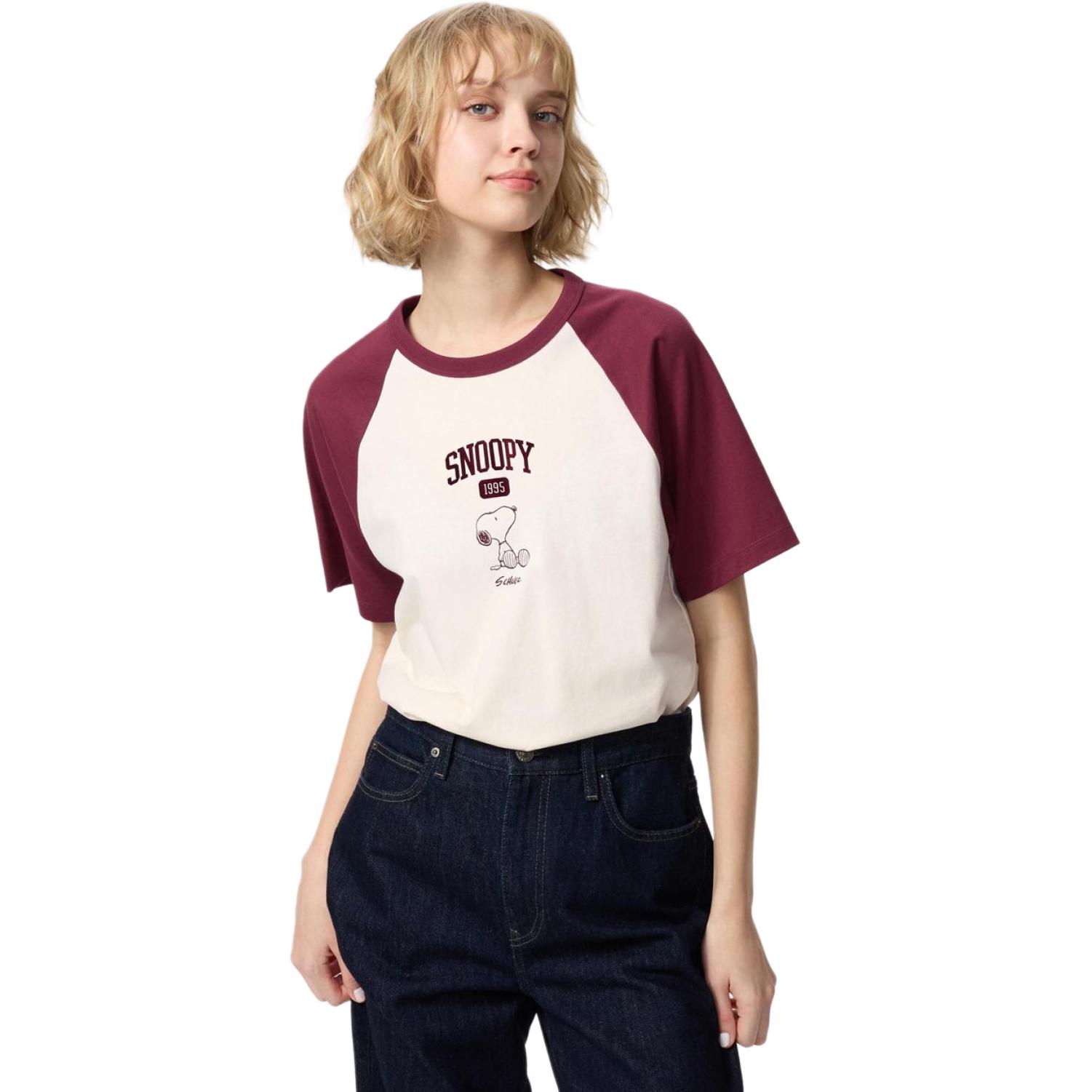 Футболка x PEANUTS Collaboration женская маренго UNIQLO, бордовый — фото 4
