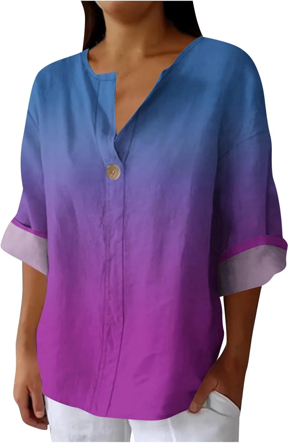 Женская футболка с градиентом, длинный рукав, V-образный вырез, Polyester, P-98 Purple