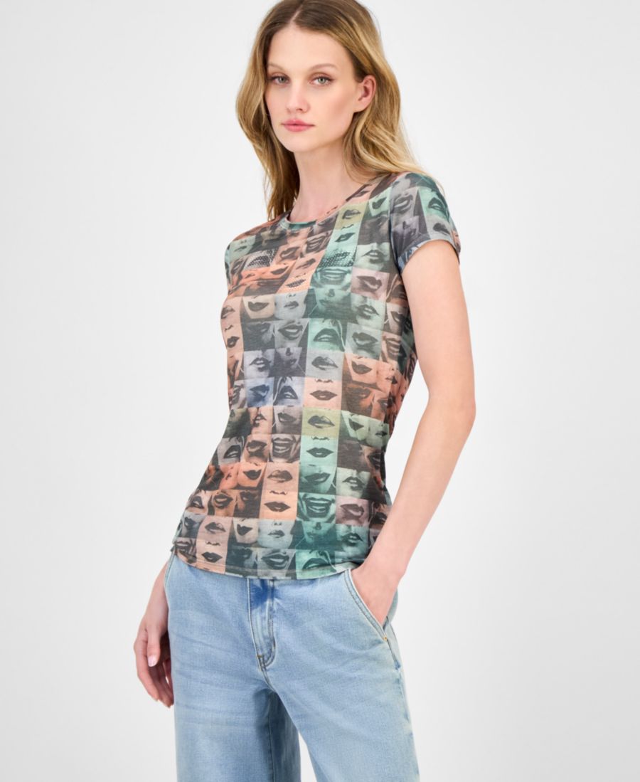 

Женская футболка с изображением украшенных губ GUESS, Pure Choco Multi