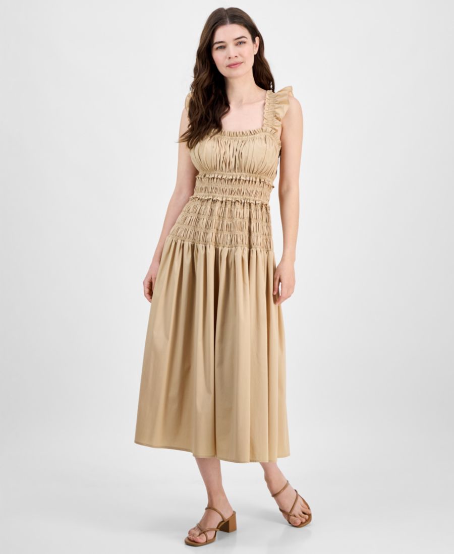 

Женское миди-платье с присборенными рюшами и бретелями Anne Klein, Desert Tan