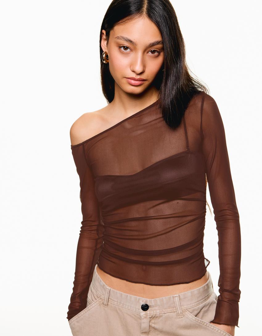 

Футболка из тюля с длинным рукавом Bershka, коричневый
