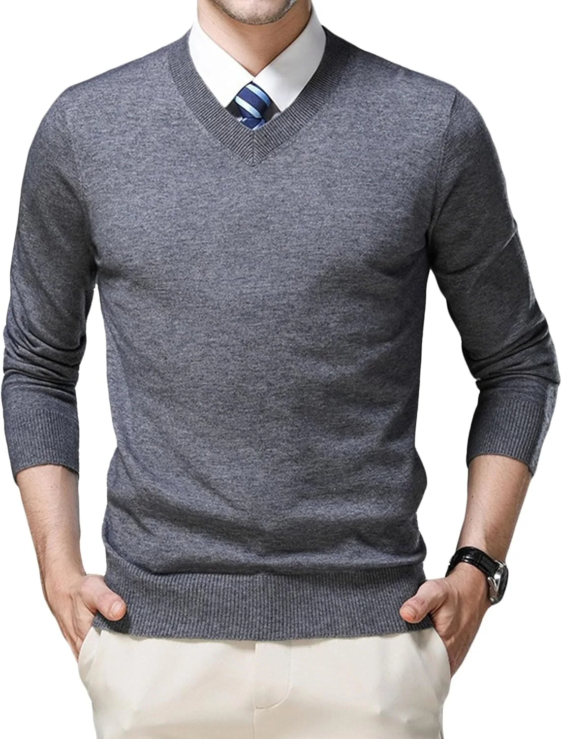 Мужской легкий вязаный свитер с V-образным вырезом Slim Fit