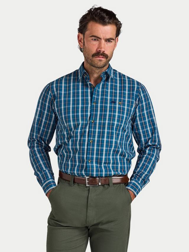 

Хлопковая рубашка Regular Fit Linear Check из поплина Raging Bull, Petrol