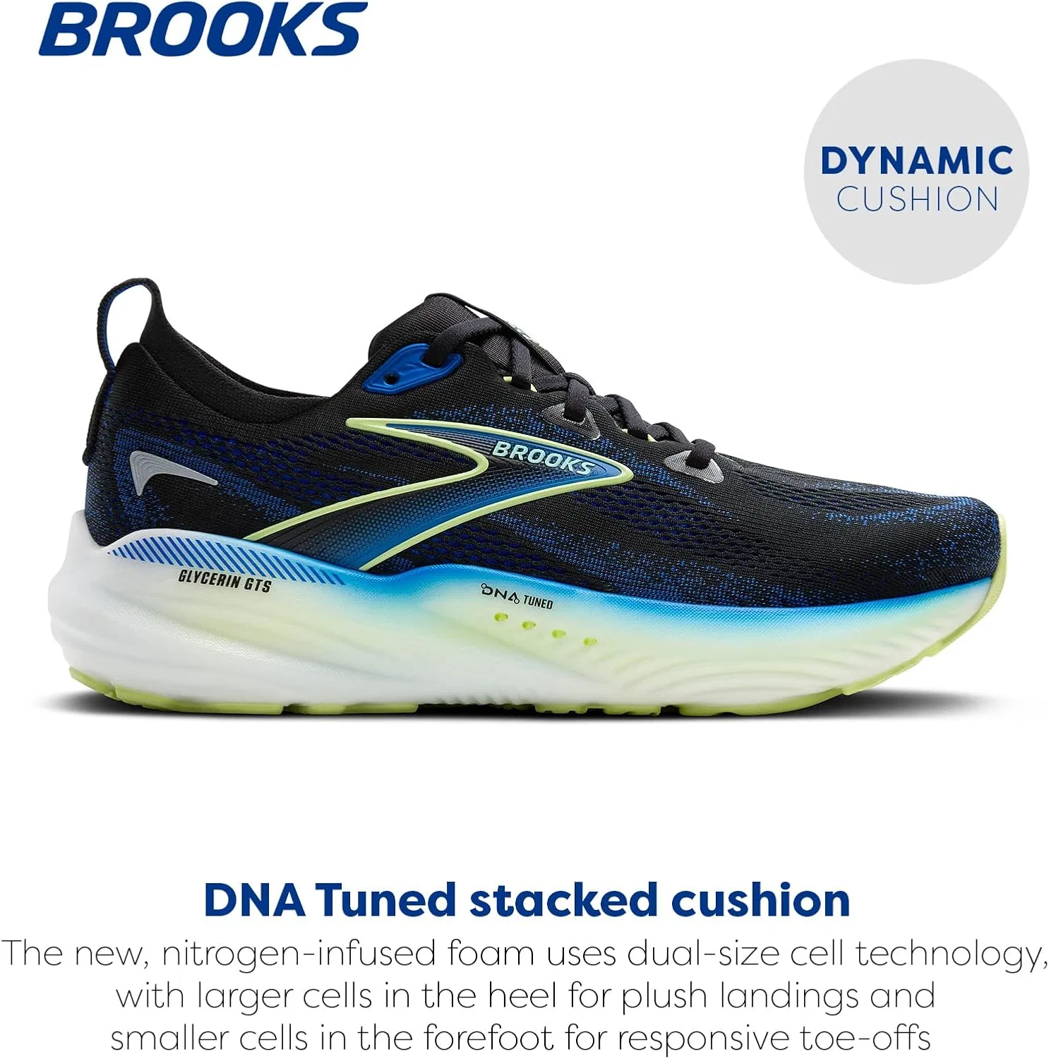 Мужские беговые кроссовки Brooks Glycerin 22 нейтрального цвета, Black Cobalt Neo Yellow — фото 2