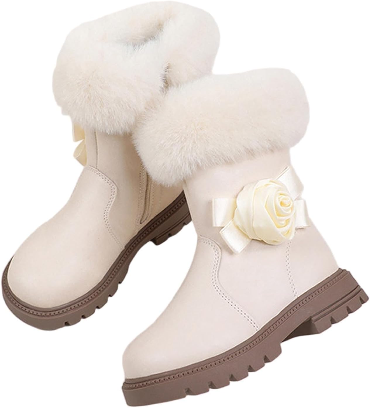 

Мягкие зимние теплые ботинки до щиколотки для девочек: модные флисовые туфли с боковой молнией, на пуговицах, для походов, свадебных и праздничных платьев Generic, Beige