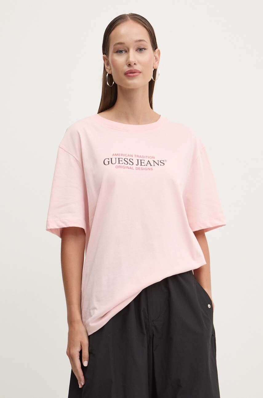 

Хлопковая футболка Guess Jeans, розовый