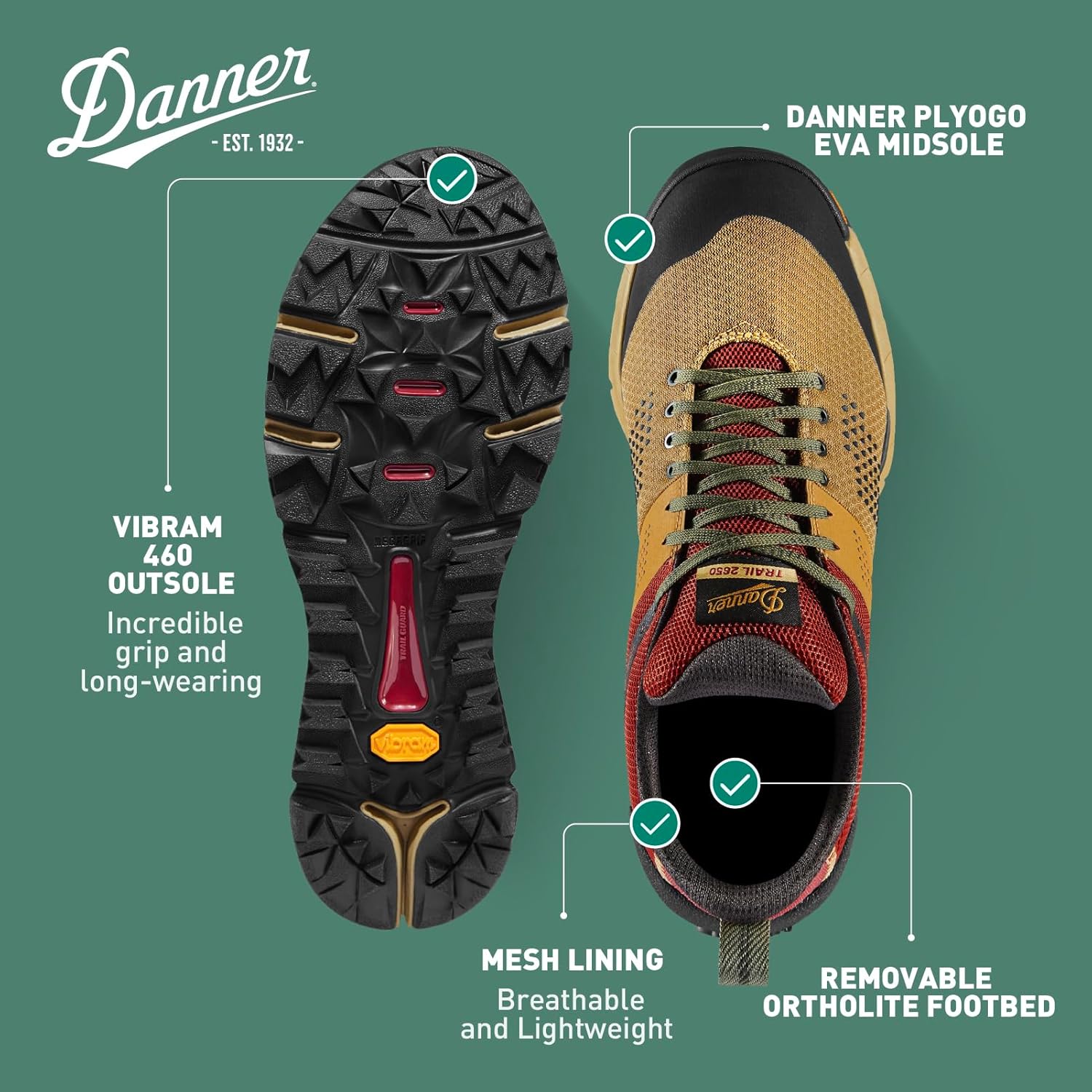 Мужские туристические ботинки Danner Trail 2650 - прочная замша, легкий текстиль с дышащей сетчатой подкладкой, стелька Ortholite и подошва Vibram для сцепления, 9 Painted Hills — фото 4