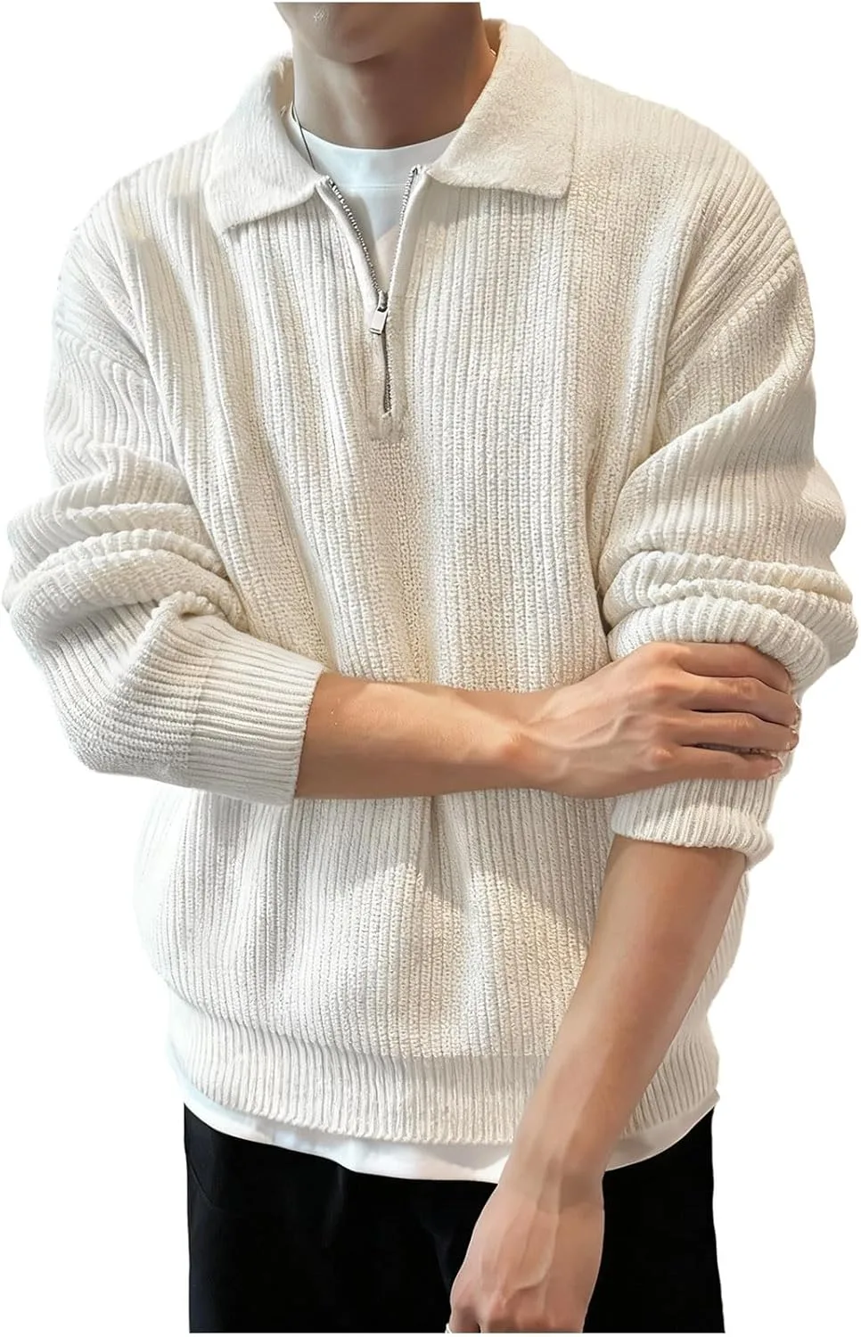 

Мужской свитер с четвертью молнии, легкий, однотонный, с длинными рукавами