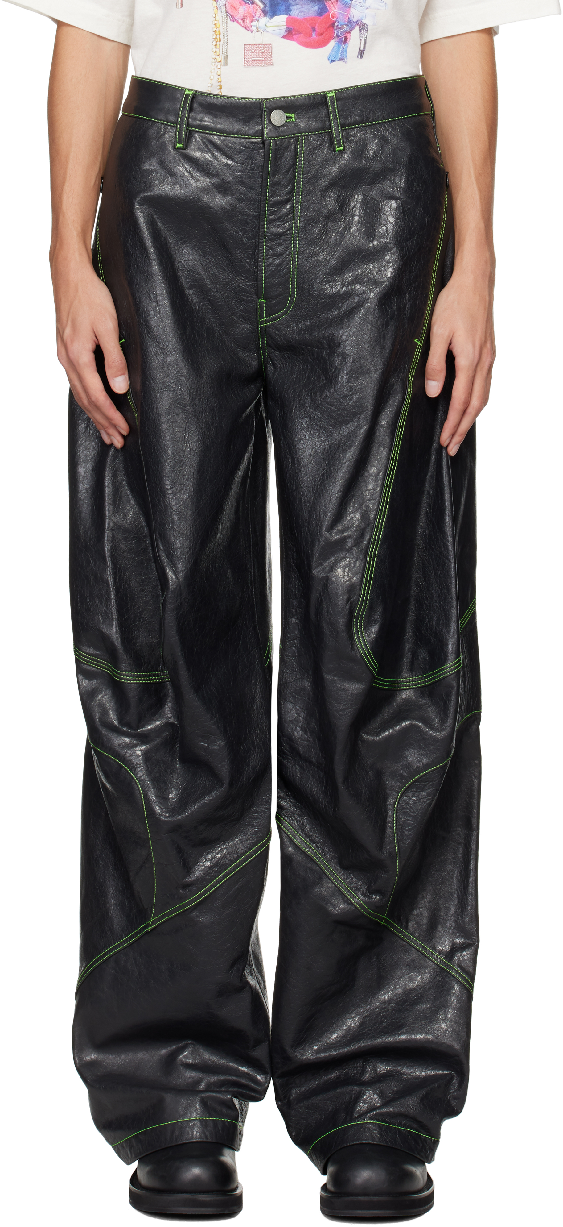 

Серые кожаные брюки с вышивкой Acne Studios