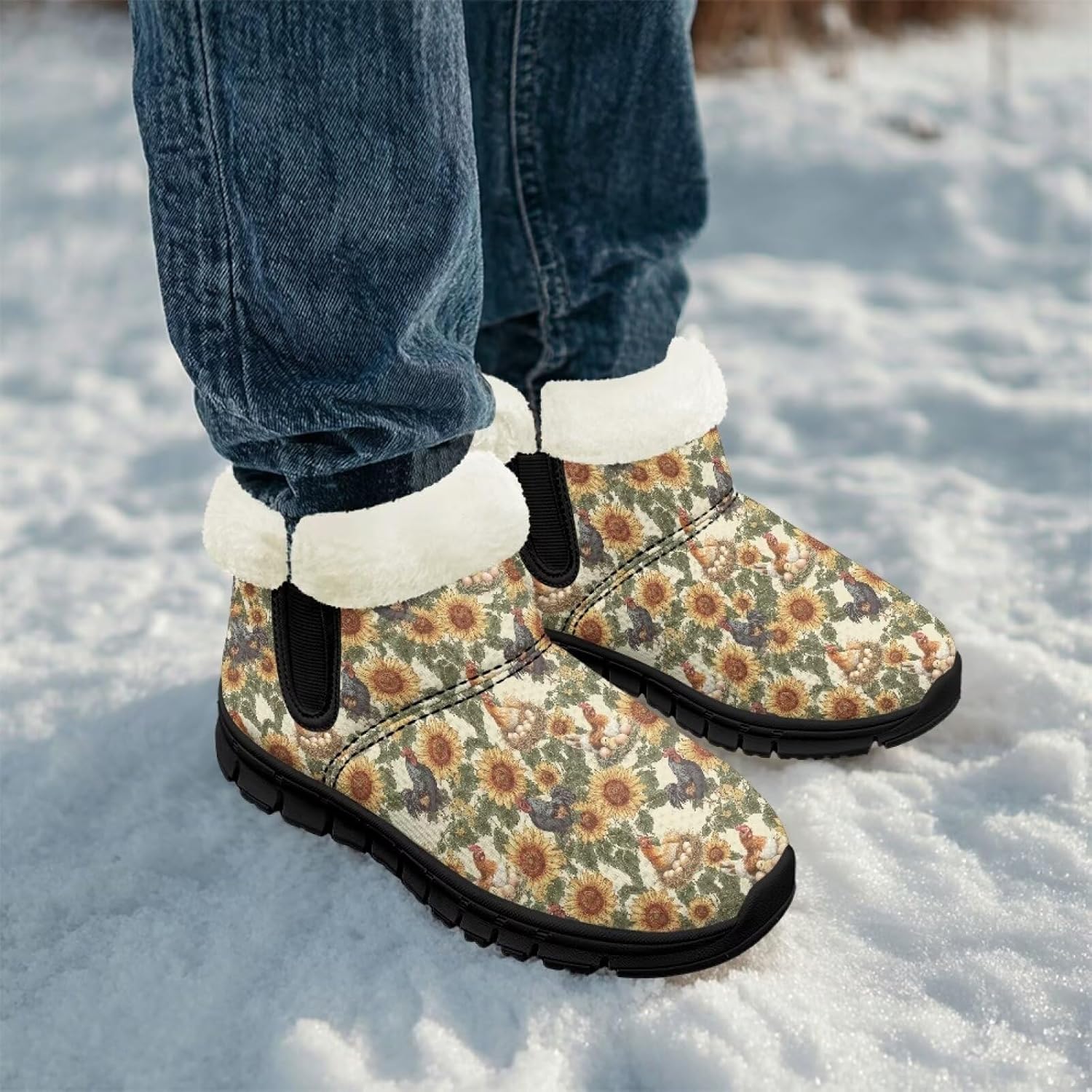 Зимние ботинки Chririnla для малышей, мальчиков и девочек, теплые низкие ботинки с искусственным мехом для холодной погоды на улице, Sunflower Hen Print — фото 4