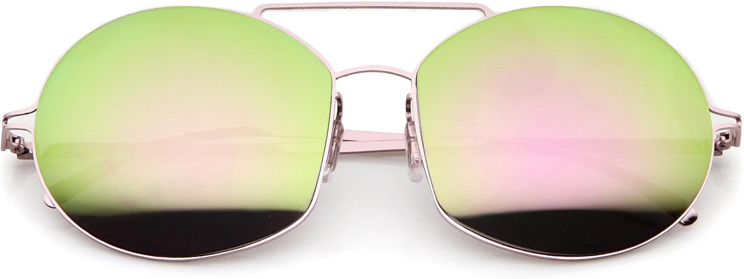 

Солнцезащитные очки zeroUV в современной тонкой металлической оправе с перемычкой над переносицей, цветными зеркальными линзами, круглые, 59 мм, Rose-gold / Pink Mirror