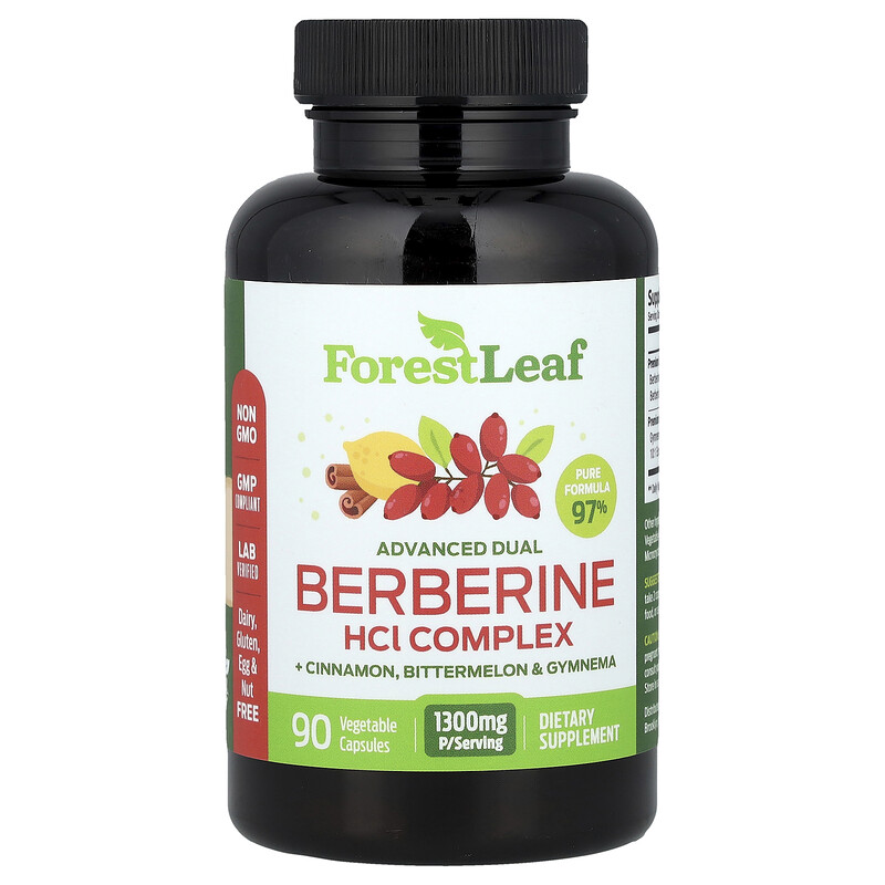 

Forest Leaf, Улучшенный двойной комплекс берберина гидрохлорида + корица, горькая дыня и джимнема, 90 растительных капсул
