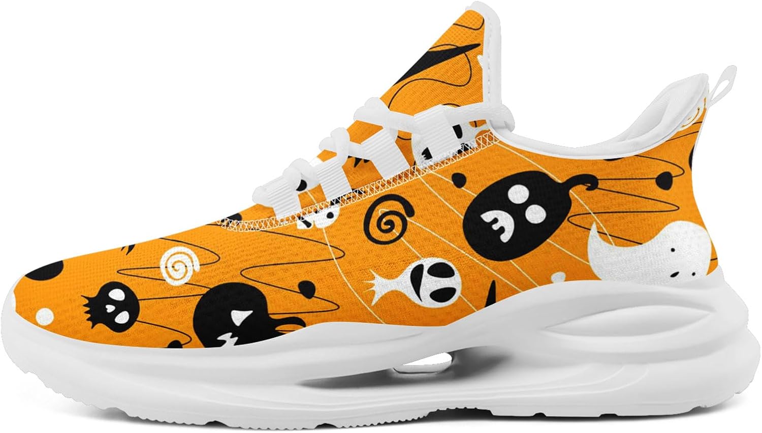 

Легкие дышащие кроссовки AWSOLE на Хэллоуин для мужчин и женщин, подарок, универсальные, с рисунком призрака и тыквы, удобные, с амортизирующей стелькой, для спортзала и бега, белый/черный/желтый