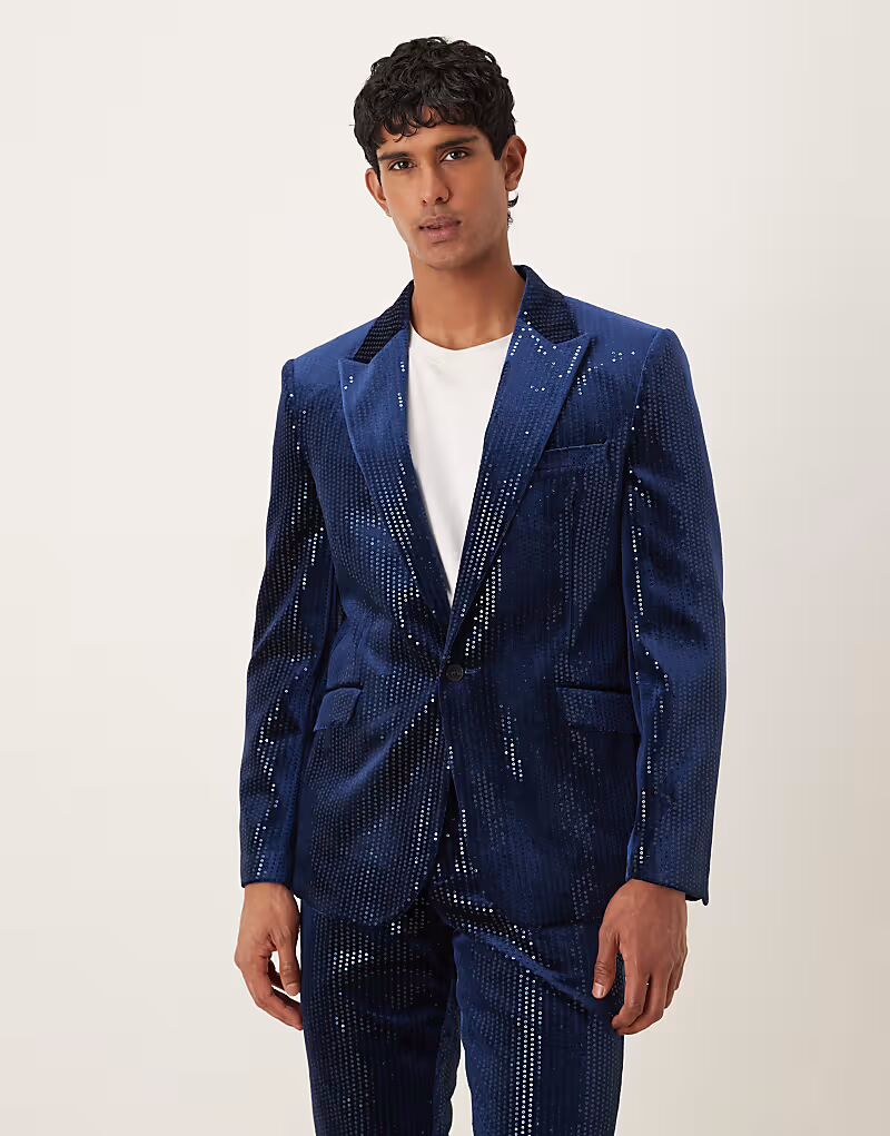 

Узкий пиджак из бархата с пайетками темно-синего цвета Asos Design