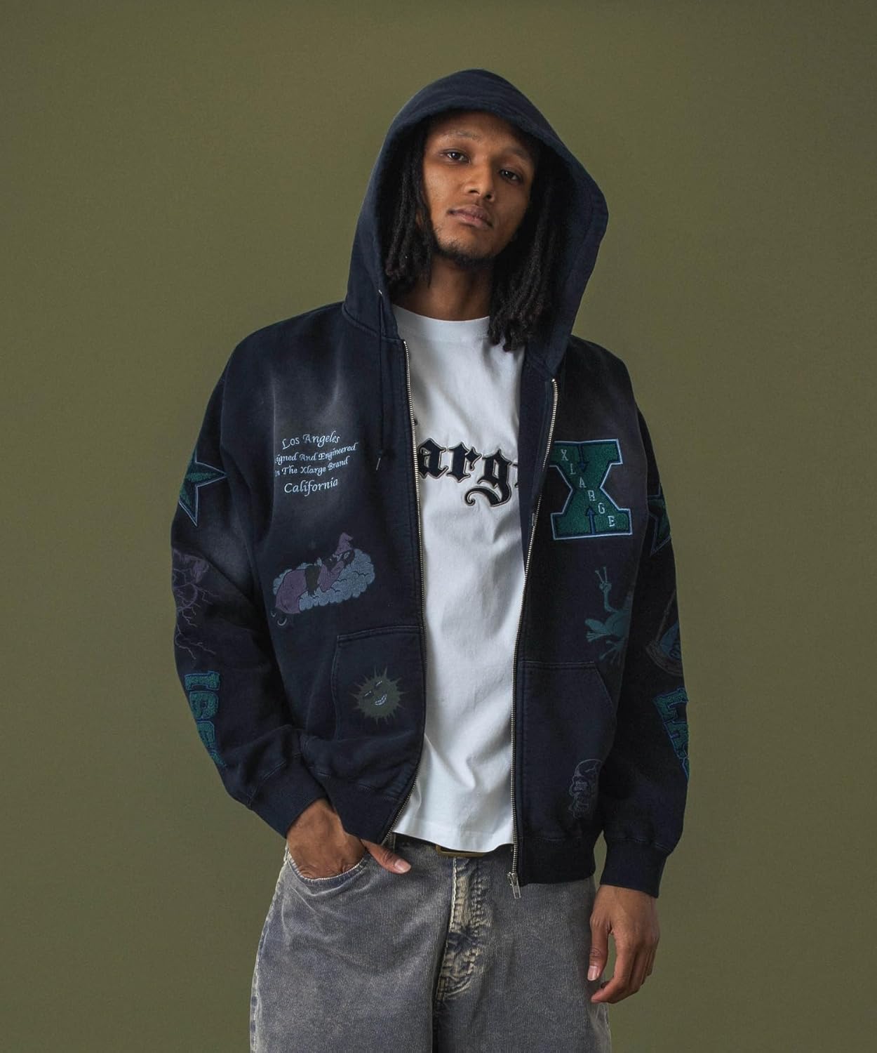 

Толстовка с капюшоном размера XLARGE с несколькими логотипами, на молнии, мужская, темно-синий