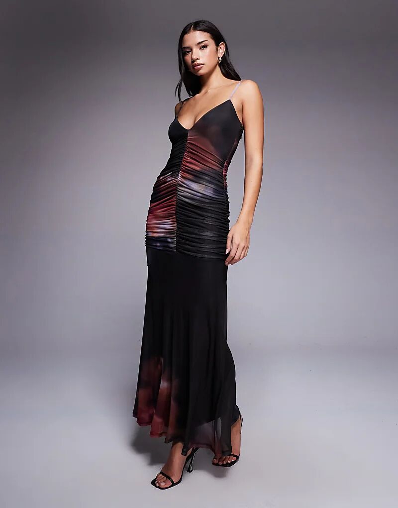 

Платье макси с сетчатым принтом и сборками ASOS DESIGN с темным цветочным принтом