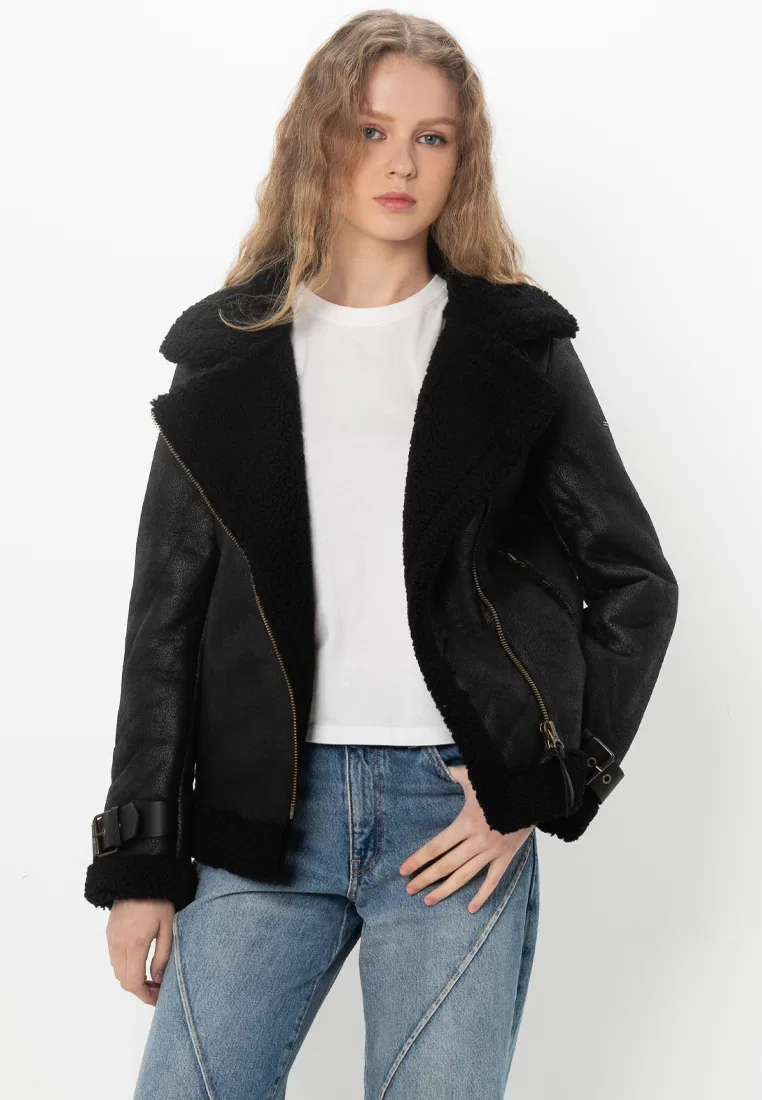Куртка-авиатор, искусственный мех, Faux Shearling Superdry, черный