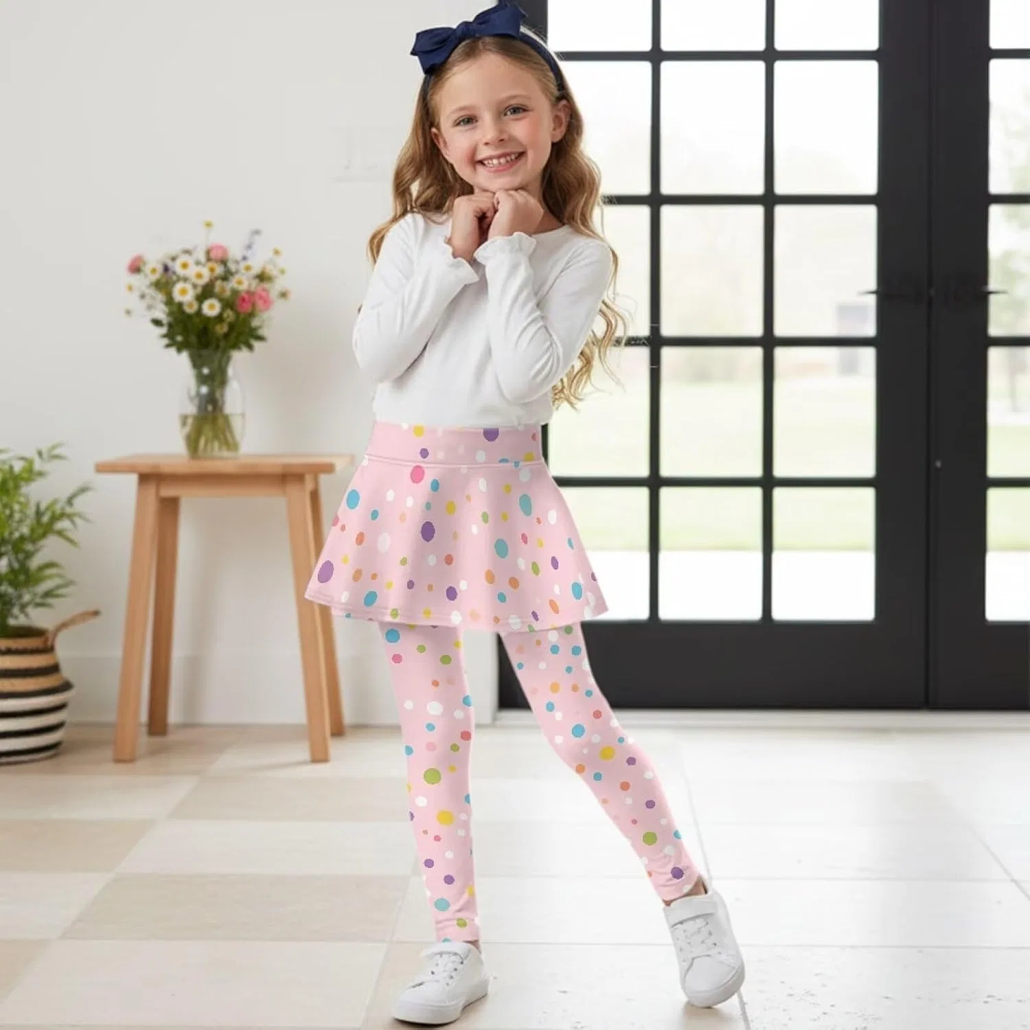 Леггинсы с юбкой для девочек, 2-в-1, Hresuewn, мультиколор Polka Dot-pink — фото 4
