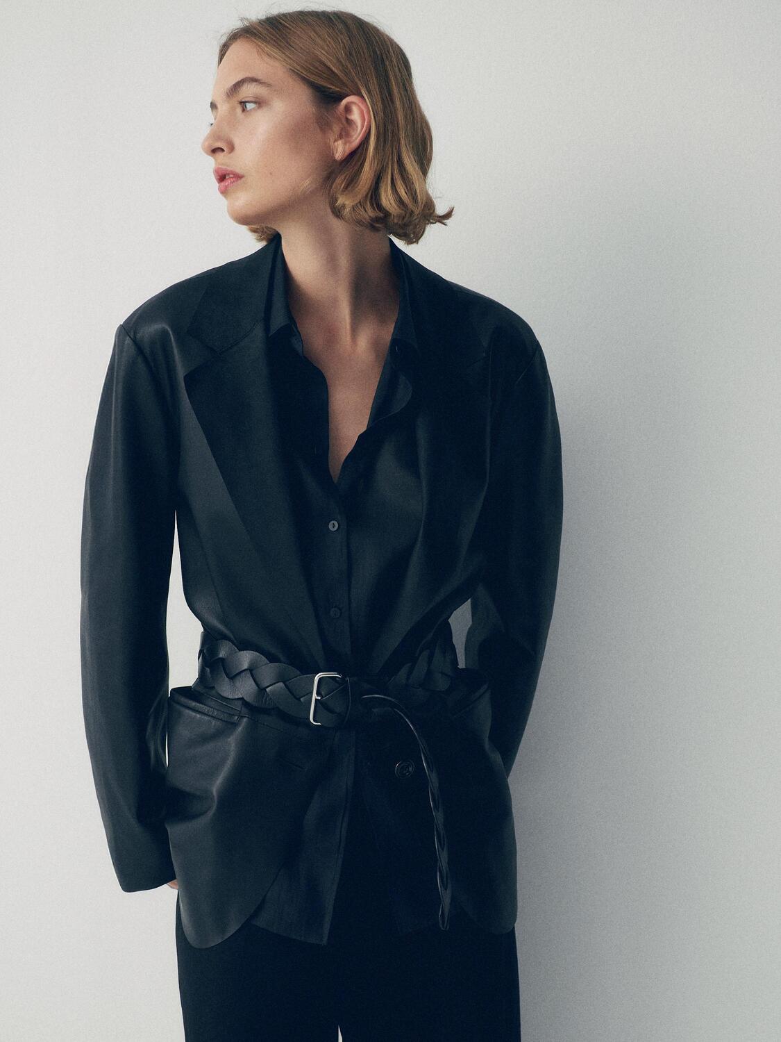 

Плетеный ремень из кожи наппа Massimo Dutti, черный