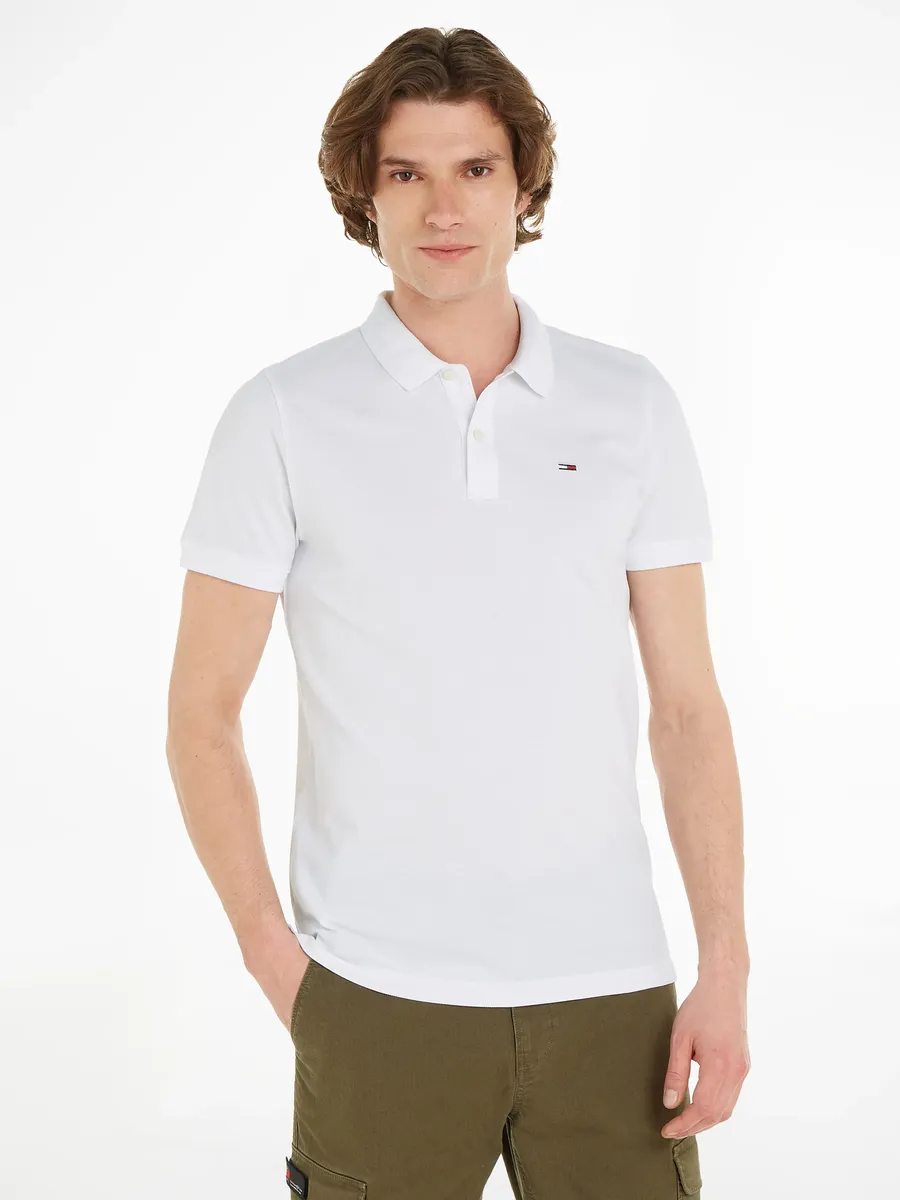 

Рубашка-поло Tommy Jeans Plus "TJM SLIM PLACKET POLO EXT", большие размеры с вышивкой логотипа, белый