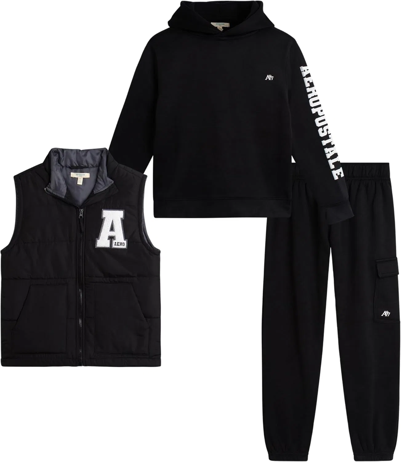 Детский спортивный костюм AEROPOSTALE, 3 предмета: худи, жилет, джоггеры, Black Black