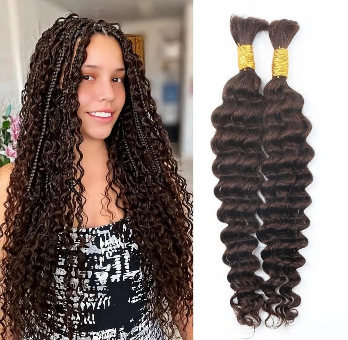 Натуральные волосы для плетения кос Unipearl Deep Curly Bulk, 2 пучка, 40 см, 100 г Unipearl, #4 Chocolate Brown