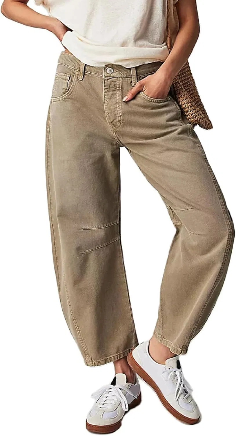 Джинсы Barrel женские Mid Rise Wide Leg Baggy Ankle Denim с эффектом контроля живота, потертые, в стиле Boyfriend, с карманами Generic, хаки