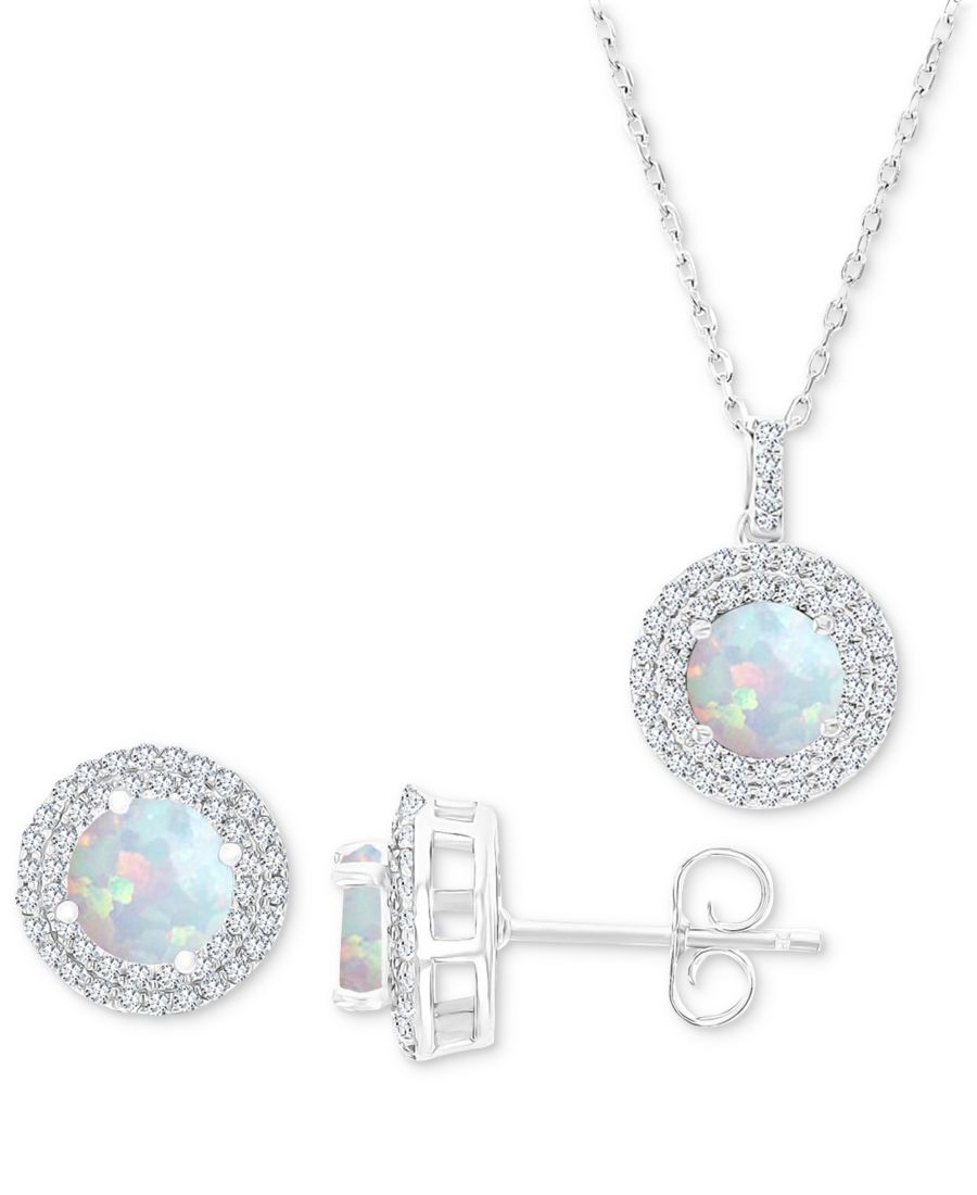 

Комплект из двух предметов: колье с подвеской-нимбом из искусственного опала (1,5 карата) и искусственного белого сапфира (1 карат), а также соответствующие серьги-гвоздики из стерлингового серебра Macy's, Opal